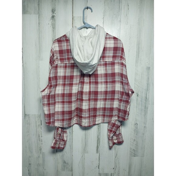 American Eagle Women Top XL Red Plaid Flannel Hooded Distressed Cropped - Picture 4 of 7